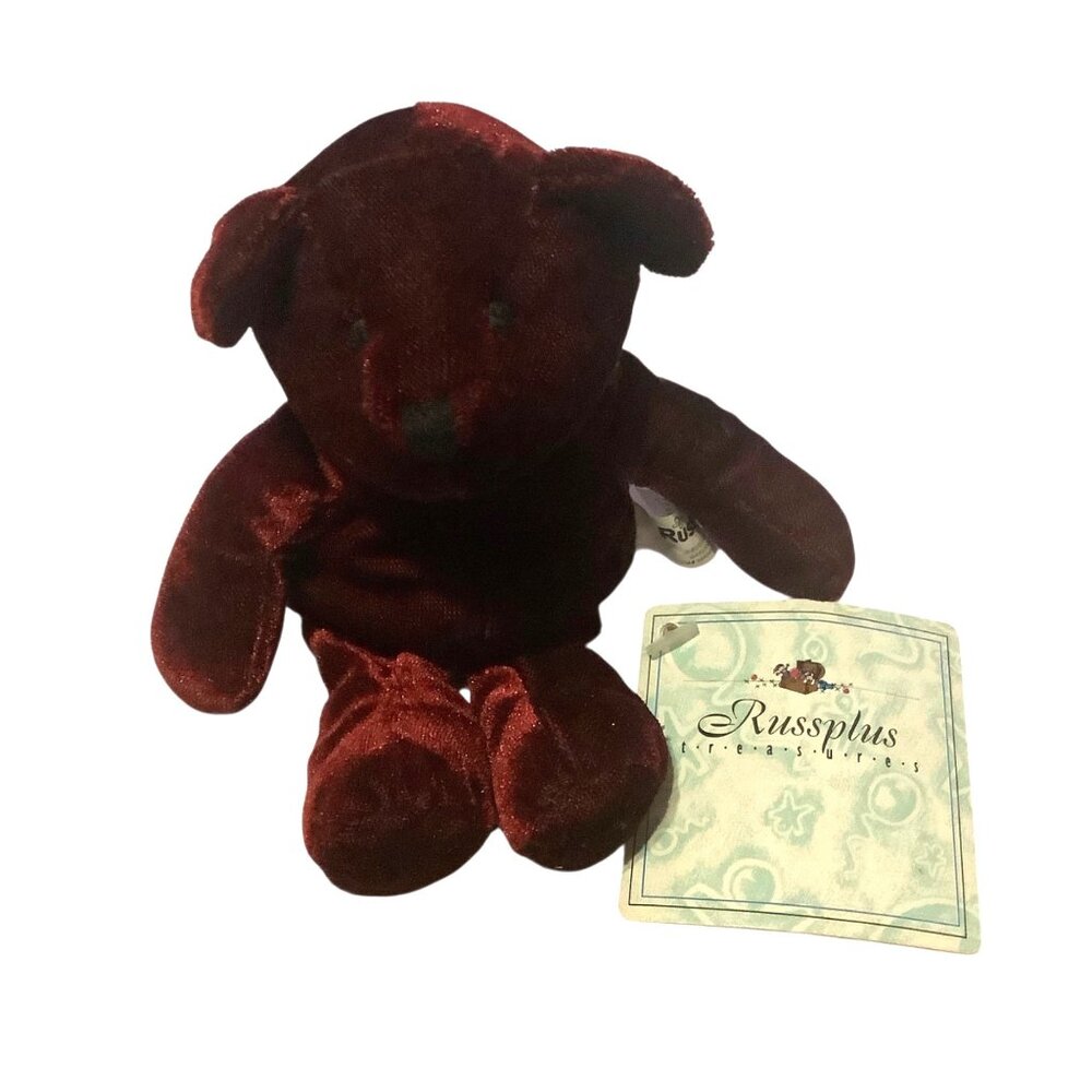 Vtg Russplus Burgundy Velvet Teddy Bear Plush 6.5” Handmade Collectible has Tags